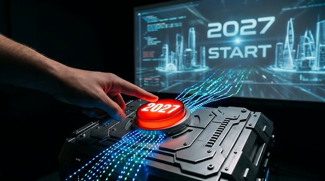 Hand pressing button for year 2027 futuristic start glowing digital