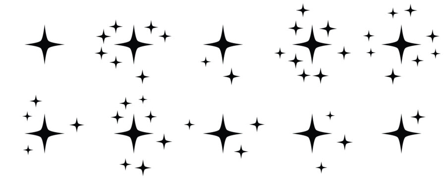 Black sparkle star icon set, four pointed twinkle shapes, magic glowing elements vector, shine, glitter, clean