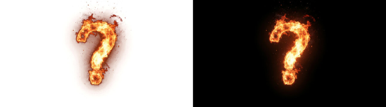 Png of burning question mark symbol made of fire, realistic flames with sparks, isolated on transparent background