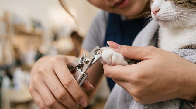 Professional groomer trimming cat claws with specialized clippers in salon. Close up view of woman hands holding feline paw for nail care treatment.