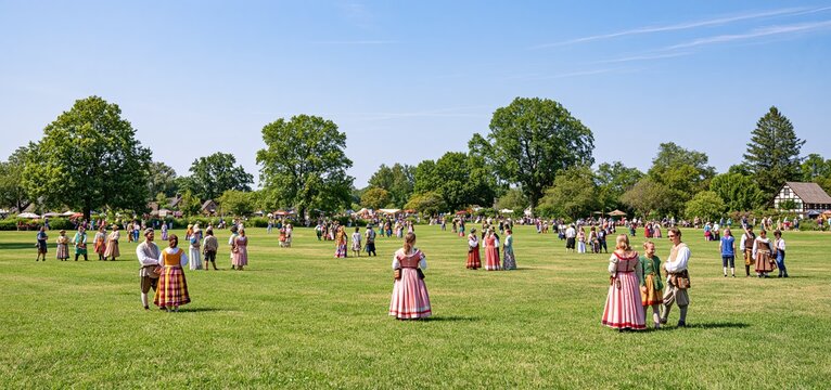 Medieval reenactors dressed in bright costumes celebrate at a lively festival on a green meadow beneath a clear sky.