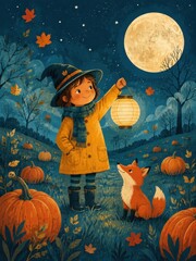 Fototapeta premium Whimsical autumn child with lantern, fox, pumpkins, moonlit forest