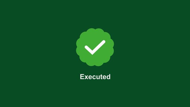 Animated green checkmark displaying the word executed for business task completion, project management, success confirmation, and digital workflow ui interface