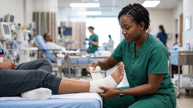 Nurse applying elastic bandage around patient sprained ankle in clinic. Professional bandaging leg after joint injury. First aid and rehabilitation.