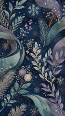 Fototapeta premium Botanical winter night mobile wallpaper with snowflakes and foliage