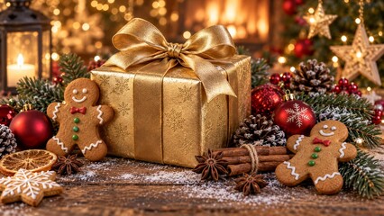 Fototapeta premium Golden Christmas gift box with gingerbread men and festive decor