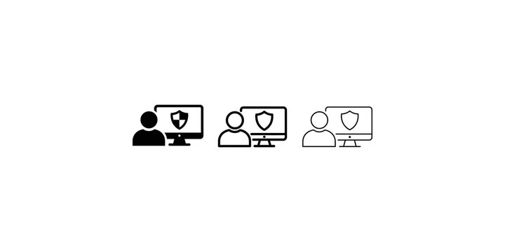 Three stylized shield computer icons in black and outline variations for data protection and cybersecurity digital interfaces.