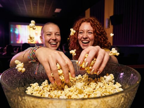 Laughing women sharing popcorn at a cinema movie night