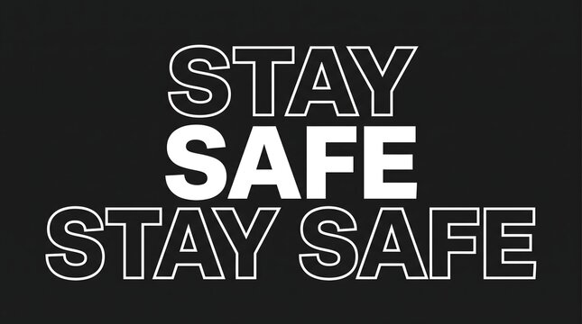 Stay safe typography graphic design. Bold white letters on a dark background. Health message
