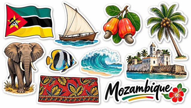 Mozambique-themed vector illustration featuring the national flag, map, dhow, elephant, tropical palm, fish, waves, and colorful fabric motifs.