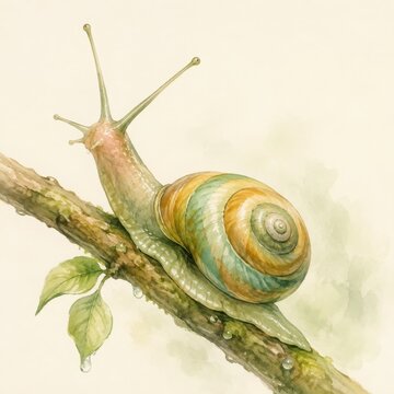 Watercolor garden snail gliding across a mossy branch