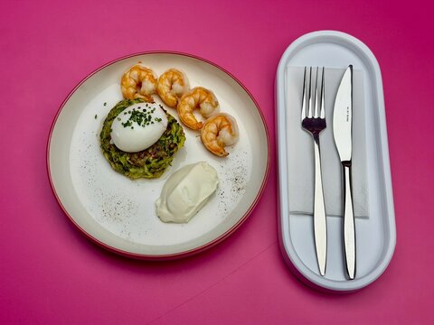Zucchini Fritter with Poached Egg, Shrimp and Sour Cream