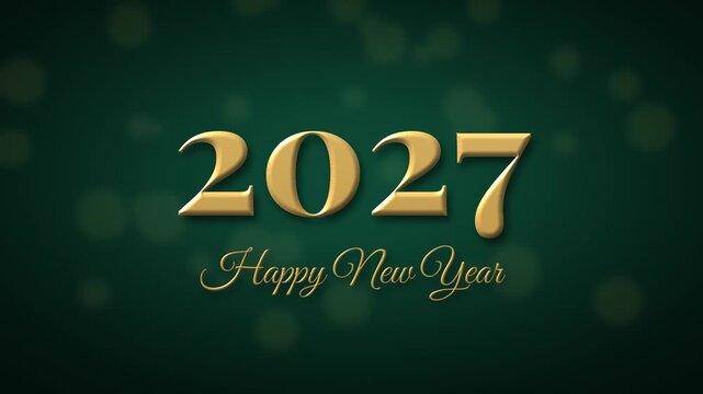 Happy New Year 2027 luxury gold 3D numbers 4K animation, golden script lettering on emerald background for invitation