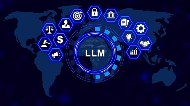 Advanced llm large language model artificial intelligence technology concept with digital global network interface and business for corporate data analysis, machine learning, and future tech