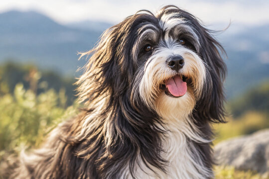A Tibetan terrier with a joyful expression, enjoying a gentle breeze in a natural outdoor setting.