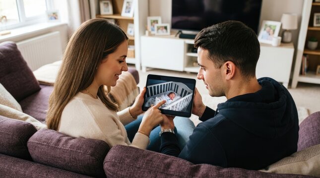 Young couple sitting on a couch at home looking at a digital tablet showing a photo of their newborn baby in a crib world prematurity day