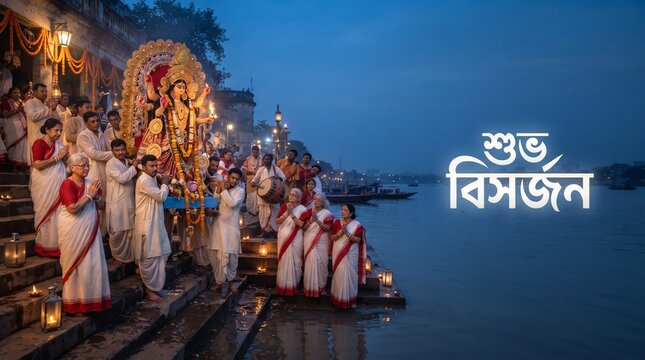 Hindu devotees carrying Durga idol for immersion ceremony in river at sunset, traditional cultural festival celebration, religious ritual, India