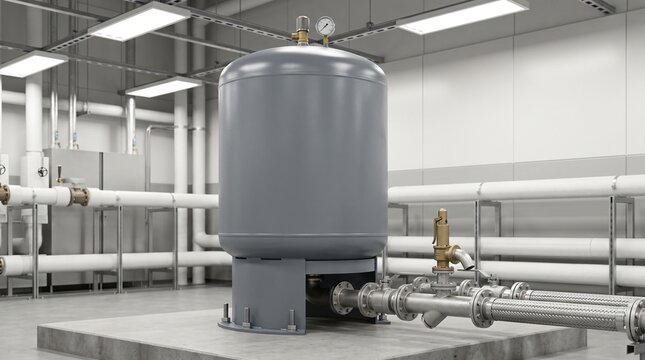 Epoxy coated vertical diaphragm expansion buffer tank with differential pressure gauges and safety valves for liquid cooled enterprise server facility loop