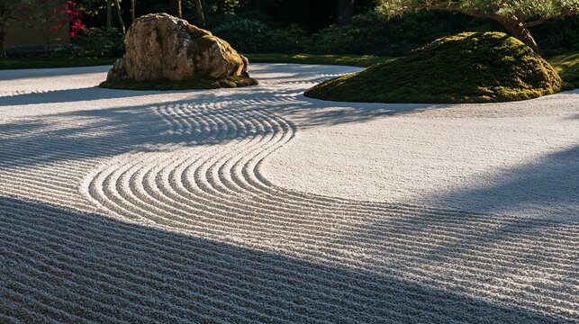 Tranquil Japanese rock garden with beautiful S-curved raked gravel patterns and zen stones