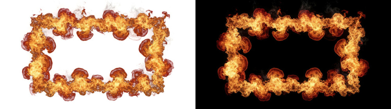 Png of rectangular frame made of realistic fire flames, burning border with intense heat and smoke, isolated on transparent background
