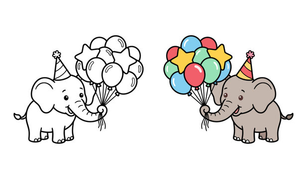 Cute cartoon baby elephant holding colorful balloons in outline and colored versions vector illustration set for kids coloring book and greeting card design.
