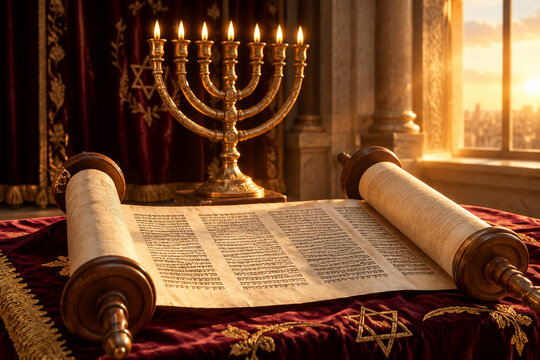 Ancient Torah scroll unrolled before a menorah in a temple.