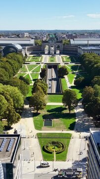 Parc Du Cinquantenaire In Brussels Capital Of Belgium. Nature Park Landscape. Downtown District. Beautiful Cityscape. Parc Du Cinquantenaire In Brussels In Capital Of Belgium. Triumphal Arch Monument.
