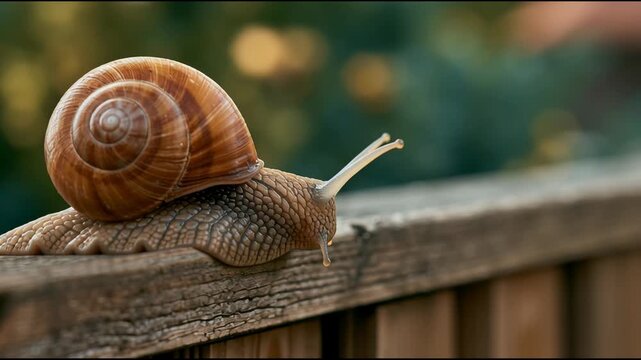 A snail is seen slowly moving along a wooden railing in a garden. The snail extends its tentacles in search of food or safety.