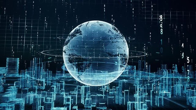 Futuristic digital globe with connected city network and abstract technology visualization