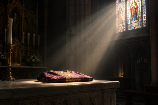 A single sunbeam illuminates a folded chasuble on a stone altar inside a cathedral.
