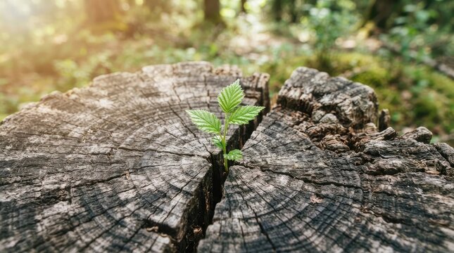 Small green sapling plant growing from a cut tree stump in the middle of a forest, symbolizing new life and hope world prematurity day