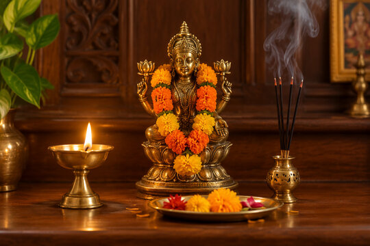 Brass deity statue on a wooden altar with marigolds and a lamp.