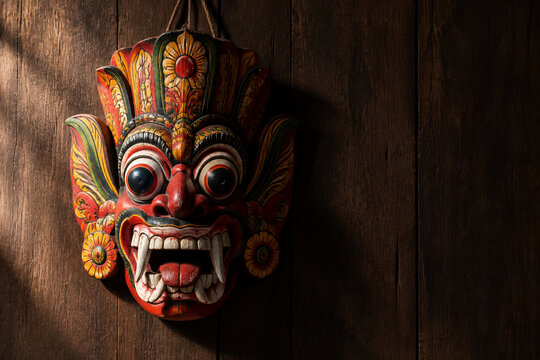 A vividly painted traditional ritual mask with exaggerated features, hanging on a plain dark wooden wall.