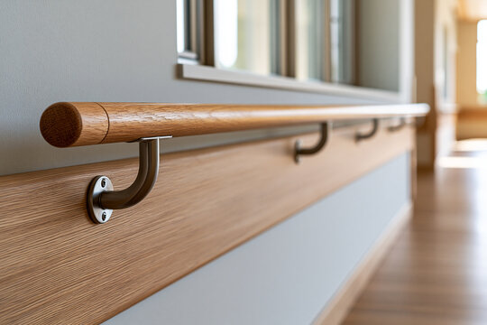 Wooden handrail runs along a clean hospital corridor, mounted on metal brackets to provide safe support and assist mobility for patients, seniors, and people with disabilities