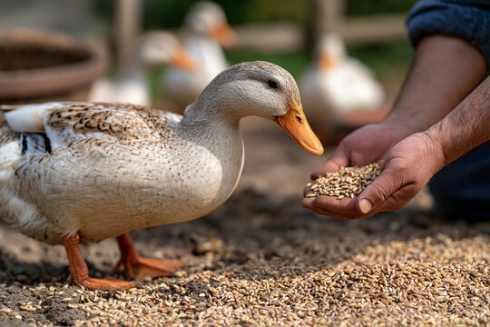Farmer's hands feeding a domestic duck with grain, symbolizing humane farming practices, animal care, sustainable agriculture, and the relationship between humans and poultry