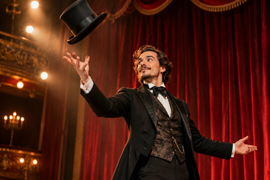 Magician tossing a top hat on a grand theater stage with red curtains.