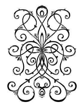 This image features a black, vintage-style decorative ornament motif with symmetrical scrolling vine patterns and artistic dotted details, set against a transparent background.