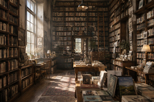 Interior of a quiet, dusty old bookstore with tall shelves.