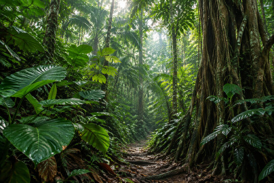 Dense tropical jungle with broad leaves and aerial roots, immersive nature concept.