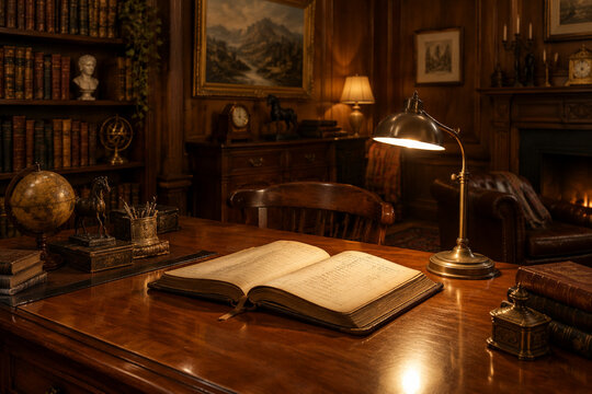 A wood-paneled study with a lamp illuminating an open ledger.