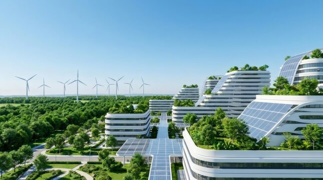 Futuristic sustainable eco friendly smart city with terraced green buildings rooftop solar panels and wind turbines