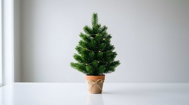 Small potted christmas tree on a white surface near a window