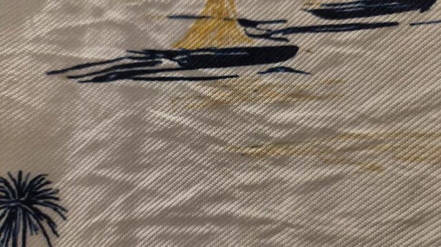Abstract tropical landscape pattern with palm tree silhouettes and stylized water ripples on textured fabric background
