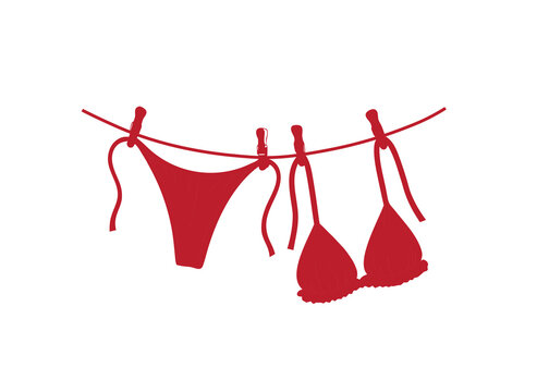 Red bikini swimsuit hanging on clothesline with wooden pegs. Flat vector illustration of beachwear laundry icon isolated on white background. Summer fashion symbol for travel and vacation design.