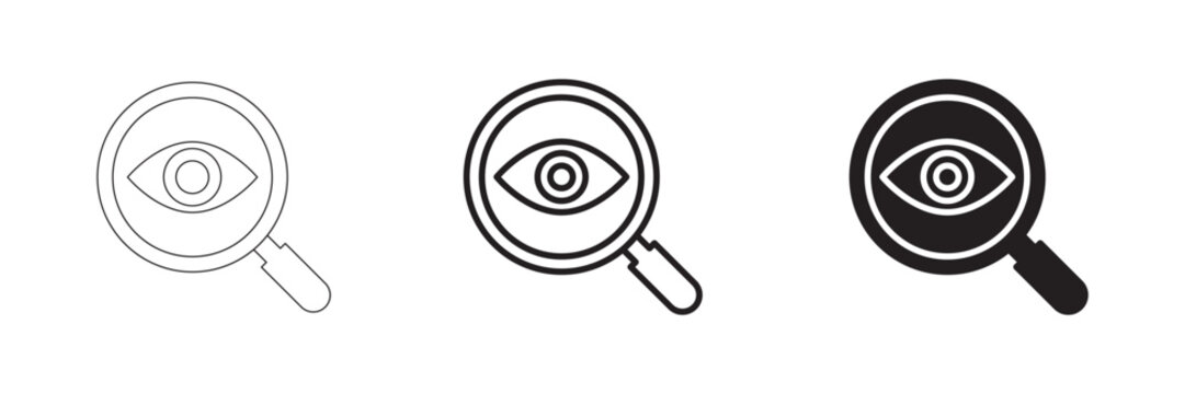 Magnifying glass with eye vector icons set