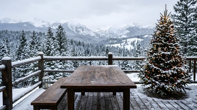 Snowy winter landscape with wooden table and mountain view in background