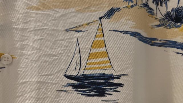 Hand-drawn style sailboat pattern on white fabric with beach landscape illustration