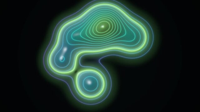 Abstract glowing chromatic metaballs morphing seamless loop. Colorful fluid spheres with concentric rings dark motion background 