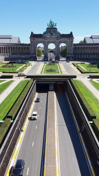 Parc Du Cinquantenaire In Brussels Capital Of Belgium. Nature Park Landscape. Downtown District. Beautiful Cityscape. Parc Du Cinquantenaire In Brussels In Capital Of Belgium. Triumphal Arch Monument.