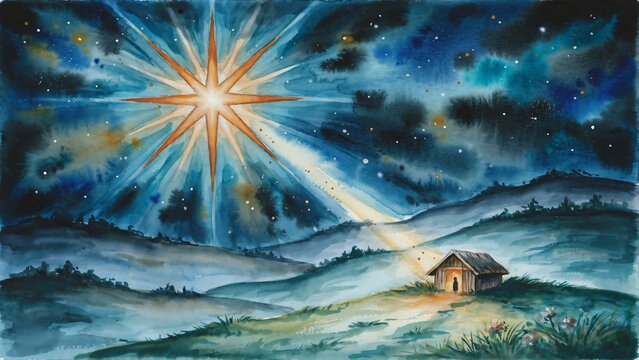 Watercolor painting of the nativity star shining brightly over a small wooden stable in a dark blue night sky landscape